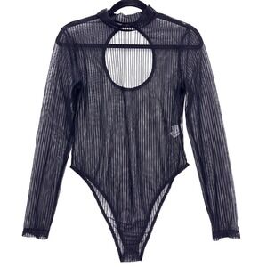 Commense Black Mesh Cutout Mock Neck Bodysuit XL Sheer Pleated Long Sleeve
